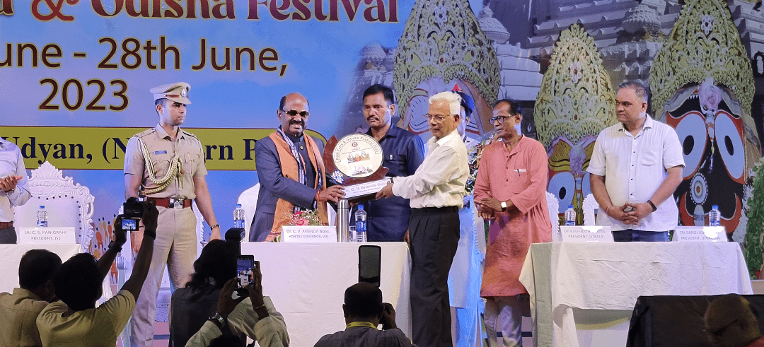 Photo Caption: Mr. C.S Panigrahi, President, Sree Jagannath Seva Samiti greets the chief guest, Governor, C.V Ananda Bose on the inauguration of the Odisha Festival.